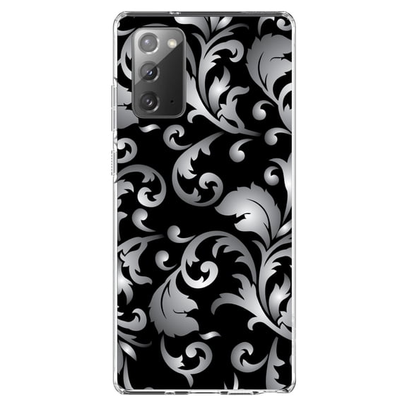 DistinctInk Clear Shockproof Hybrid Case for Samsung Galaxy Note 20 (6.7" Screen) - TPU Bumper, Acrylic Back, Tempered Glass Screen Protector - Silver Grey Black White Floral - Floral Damask Pattern