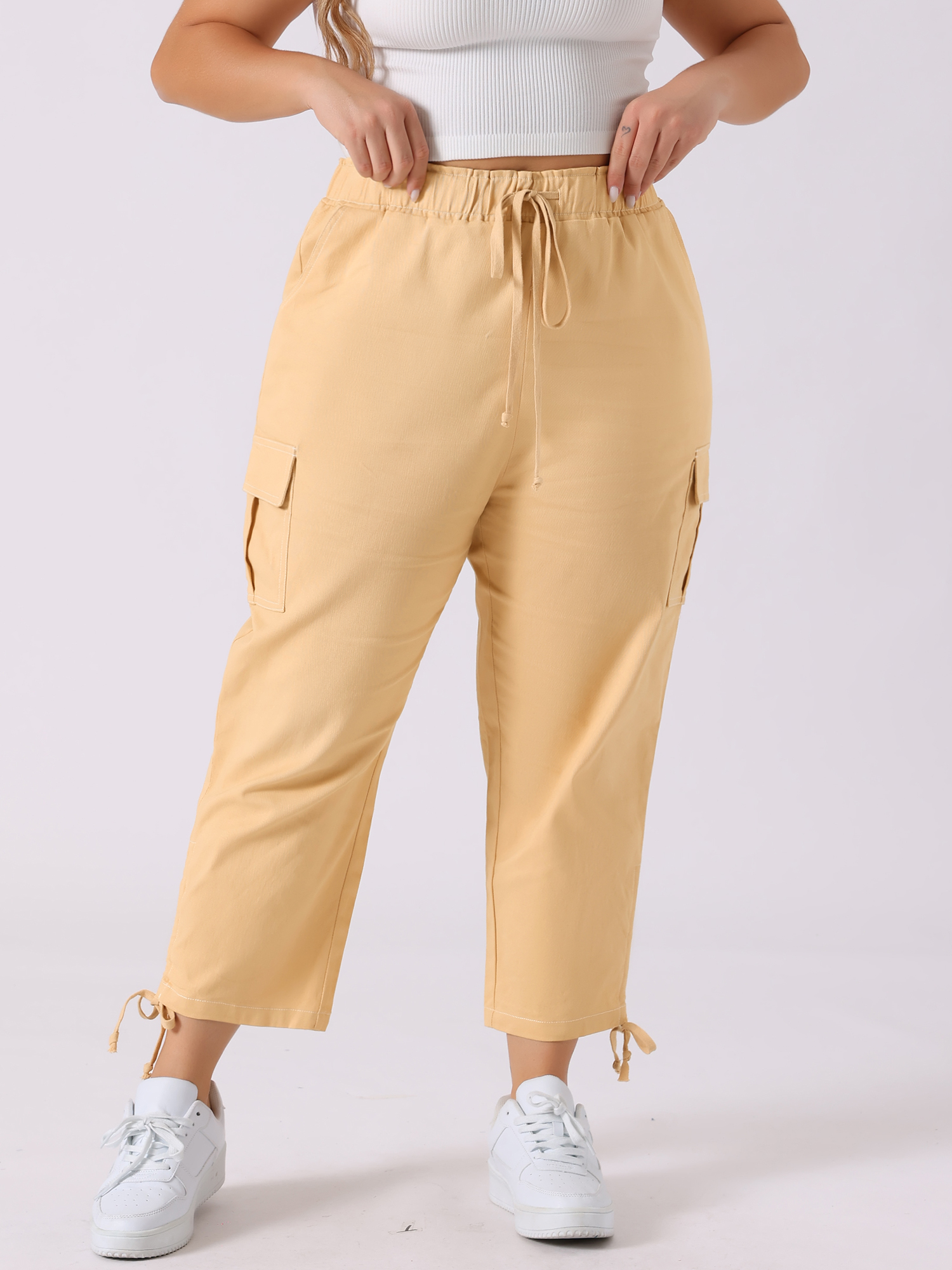DARING DIVA Women's Plus Drawstring Elastic Waist Cargo Pants with Pocket 1X Beige