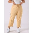 thumbnail image 2 of DARING DIVA Women's Plus Drawstring Elastic Waist Cargo Pants with Pocket 1X Beige, 2 of 6
