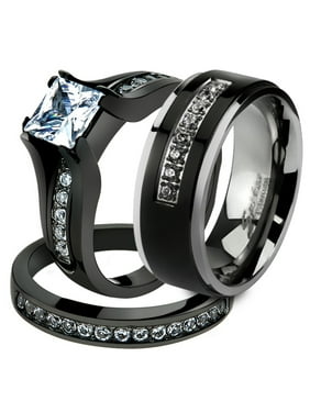 His Hers Sets Product Image Her His 3 Pc Black Stainless Steel Engagement Wedding Ring Set Anium Band Size