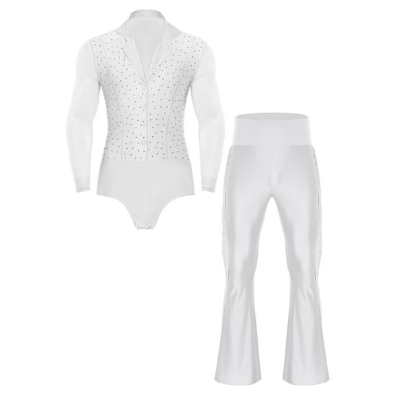 Xnihocha Men's Cha Cha Latin Ballroom Dance Outfit Long Sleeve Lapel Bodysuit Tops with Bell Bottom Pants White XXL