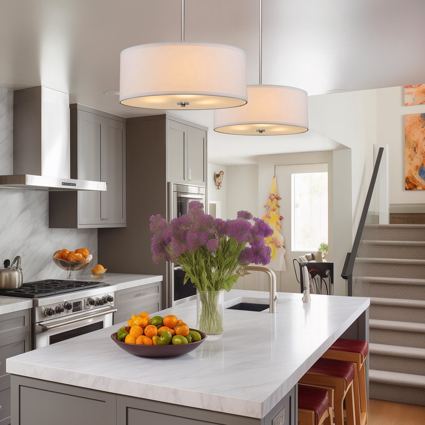 Kira Home Nolan 18" Drum Pendant Chandelier, White Fabric Shade, Round Glass Diffuser, Adjustable Height, Brushed Nickel