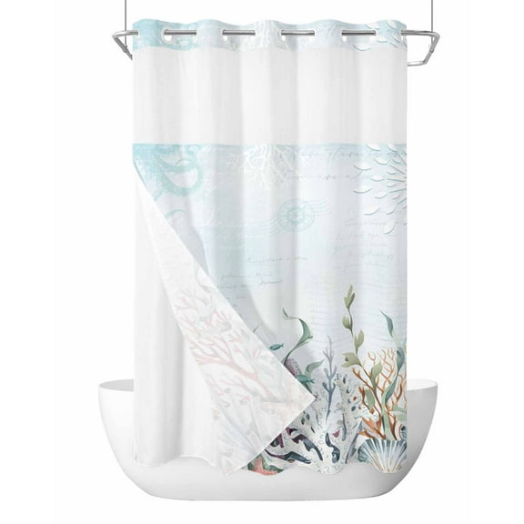 No Hook Shower Curtains, Coastal Small Shower Curtains with Snap in Liner, Blue Ocean Coral Starfish Seagrass Nautical Waterproof Washable Fabric Bathroom Shower Curtain Sets, 36" x 78"