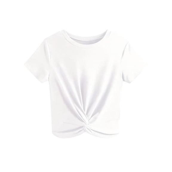 Summer Twist Front Women's Crop Top Round Neck Short Sleeve Casual Tee