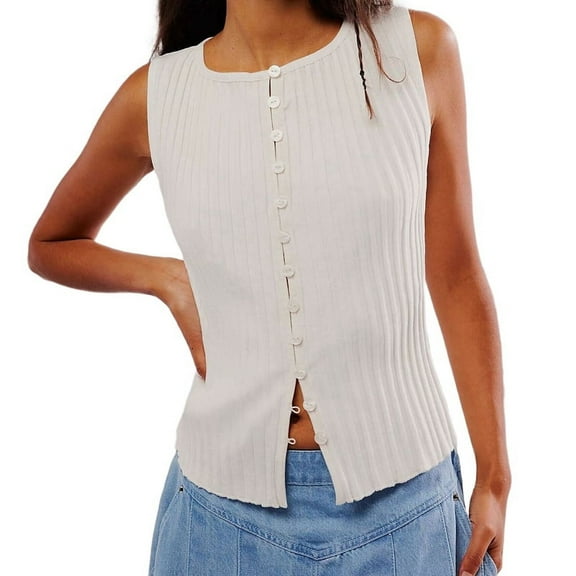 Women Button Down Vest Ribbed Sleeveless Cardigan Tank Top Y2k Crewneck Slim Fit Knit Vest Tops Going Out Crop Top White L