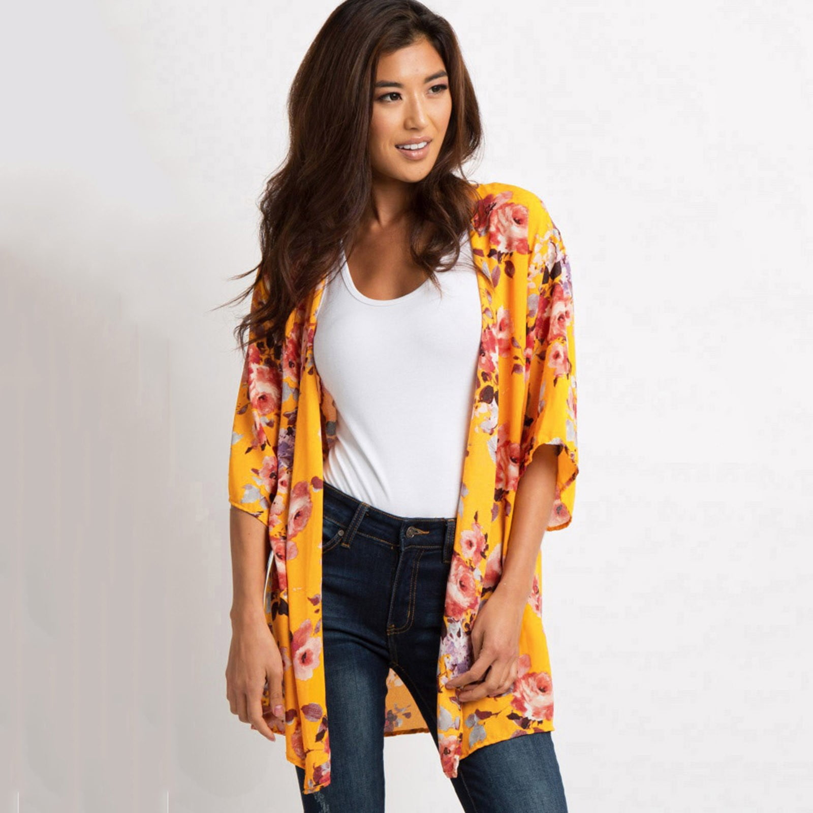 Women Floral Kimono Cardigans Loose Shawl Beachwear Boho Casual Blouse  Swimwear White Long Cardigans for Women Long Size - Walmart.com