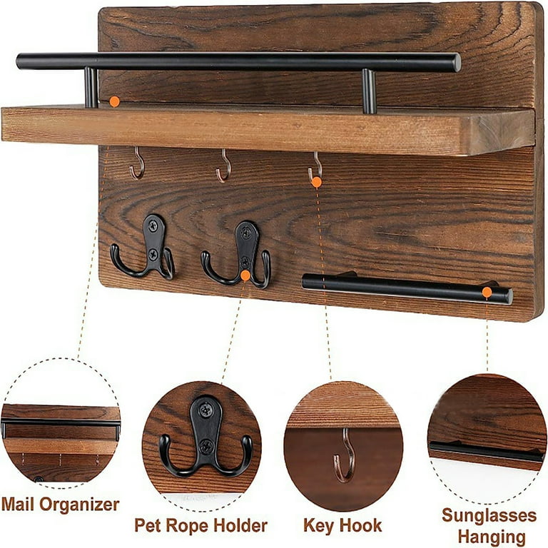 Hanobe Rustic Key Holder for Wall Wood Key Hangers for Wall Decorative with  5 Key Hooks Mail Organizer with Shelf, Home Decor for Entryway 