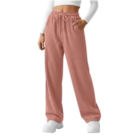 Lenpel Corduroy Pants for Women Loose Elastic High Waisted Drawstring Straight Leg Comfy Trousers Trendy Casual Pants with Pockets(Pink,X-Large)