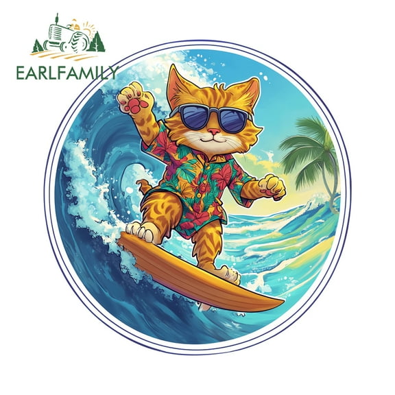 EARLFAMILY 5.1" Hawaii Style Surfing Cat Car Stickers Funny Cartoon Cat Decal Creative Waterproof Windshield Graphics JDM Sticker