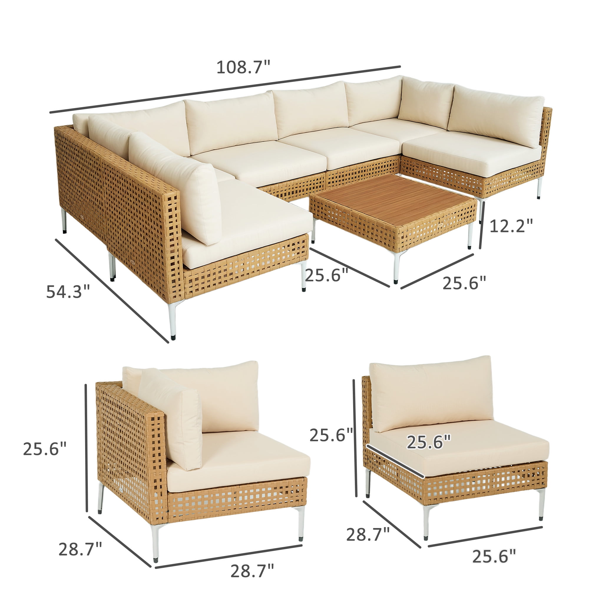 Outsunny 7 Piece Wicker Patio Furniture Set, Modular Outdoor Sectional Conversation Set with Thickened Cushions, Acacia Wood Table, Khaki/Beige