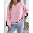 thumbnail image 6 of Women Knit Crew Neck Contrast Lantern Long Sleeve Pullover Sweater with Decorative Cuff Straps Pink S, 6 of 9