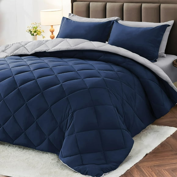 Juego de edredón MUXHOMO Queen Size 7 piezas, reversible, azul marino y gris