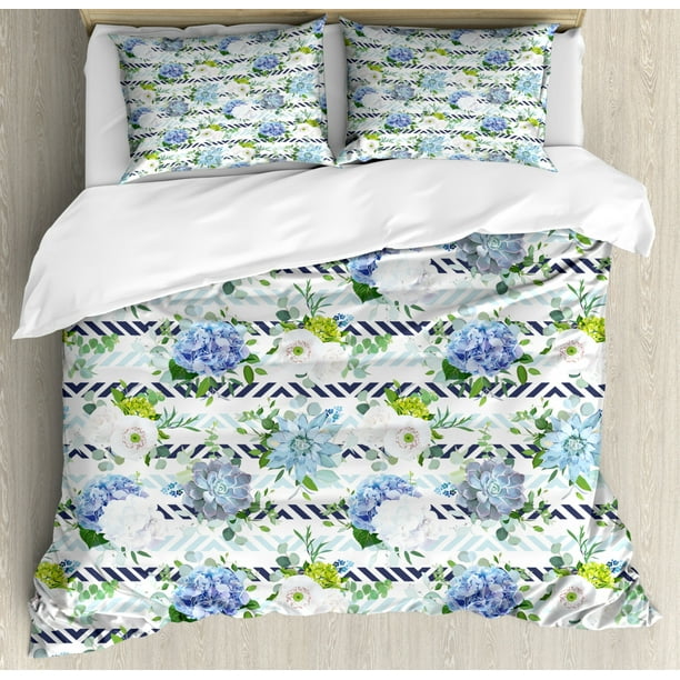 Hydrangea Duvet Cover Set King Size, Fresh Floral Pattern on Modern Lines Spring Illustration