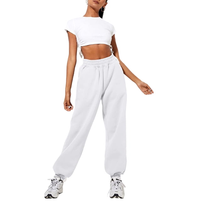 Innerwin Jogger Pants With Pockets Women Trousers Sports Solid Color Lounge Sweatpants White XS