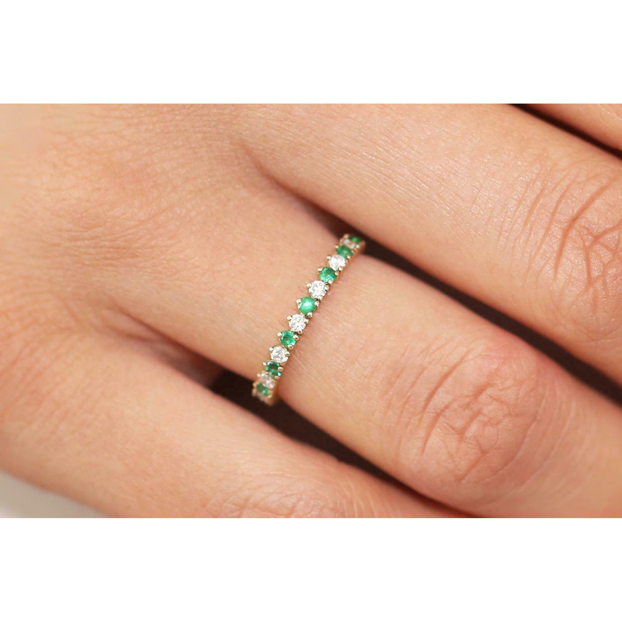 HeartsAndYou 1ct Natural Alternating Green Emerald & Diamond Band 100% 14k SOLID Yellow Gold