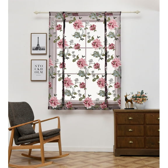 Loopsun Bedding Rod Liftable Kitchen Bathroom Window Roman Curtain Floral Sheer Voile Valances