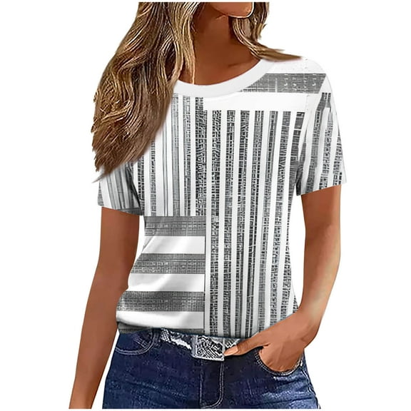 ZQUUVOU Women's T-Shirts Stripe Crew Neck Short Sleeve Tops(Gray,L)