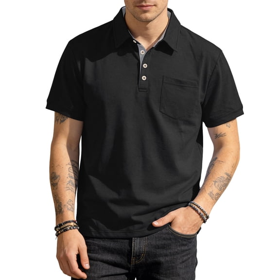 GrmtClth Polo Shirts for Men Casual Collared Golf Shirt Loose Short Sleeve Top Summer with Pocket Tee with Button Black L