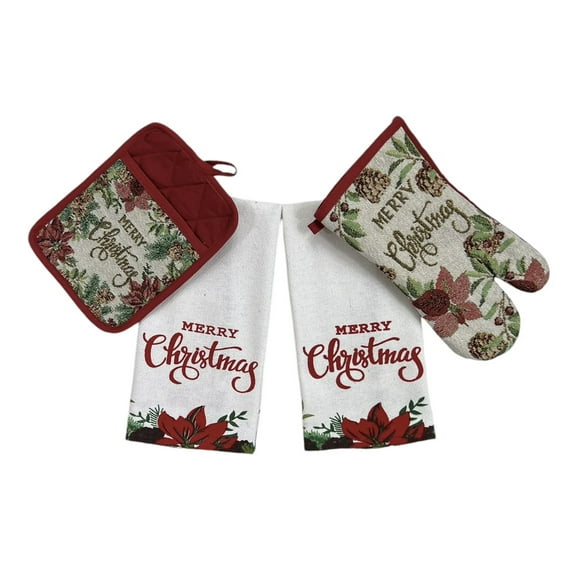 Serafina Home Holiday Christmas Kitchen Potholders and Bath Dish Hand Towels Set: Merry Christmas Poinsettia Holly 4 Pc Design, Red White, 100% Cotton for Baking Cooking Hands, Dishes or Home Decor