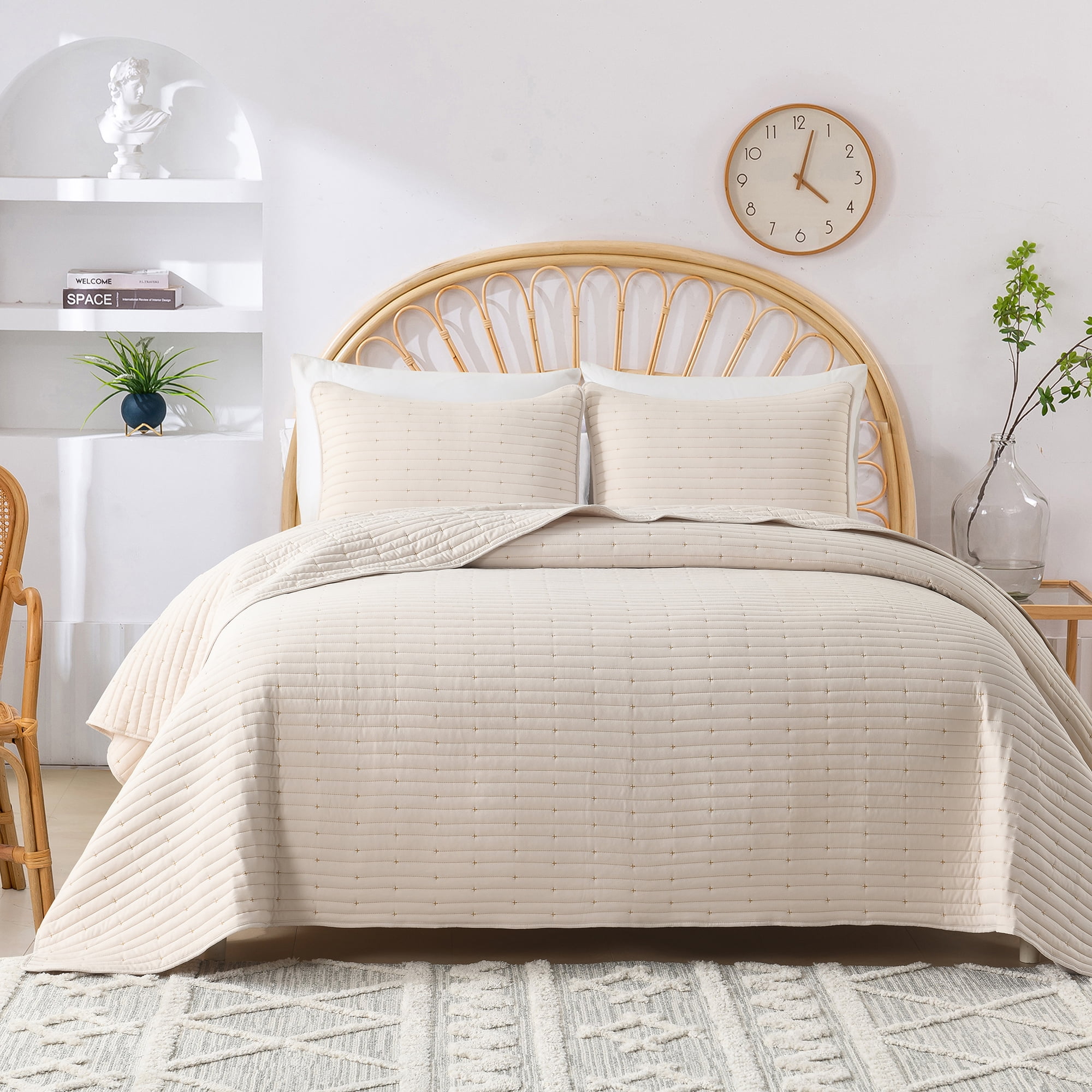 3-Piece Queen Size Quilt Set, GREAGLE Soft Lightweight Quilt for Queen Bed, Wabi Sabi Style Alternative Down Cotton Warmer Comforter /Bedspread /Bedding Set with Pillow Shams, 90 x 90 inch, Beige