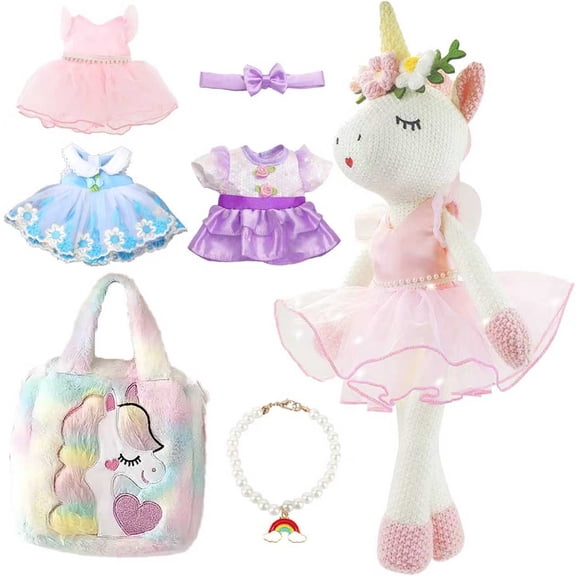 Aijohnny Unicorns Stuffed Animal Doll Toys, Plush Doll with Cloth, Shoe, Bag, Ballet Dress up Doll for Girl, Birthday Gifts for 1-3 3-5 5-8 Year Old