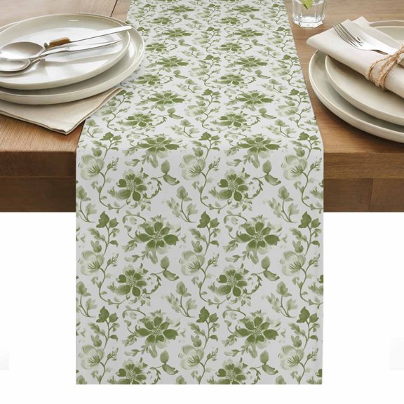 Green Flower Table Runner - 60 Inch Long, Kitchen Dining Table Runner Dresser Scarves, Country Watercolor Vintage Floral Farmhouse Decor for Coffee Tables Wedding Party Banquet