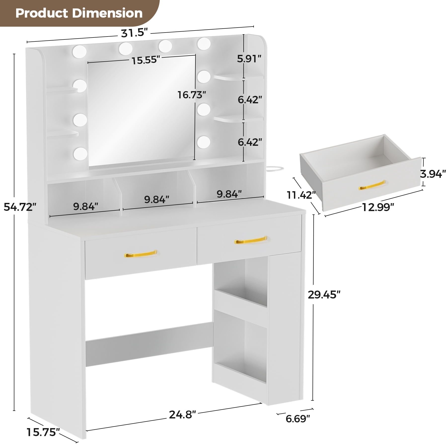 COMHOMA  Vanity Desk with Mirror and Lights, Hairdryer Holder, 5 Drawers, Bedroom Dresser Table for Girls