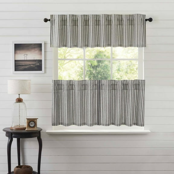 VHC Brands Ashmont 3 PC Charcoal Grey Ticking Stripe Curtain Set (1 Valance 16x72 and 2 Tier 24x36)