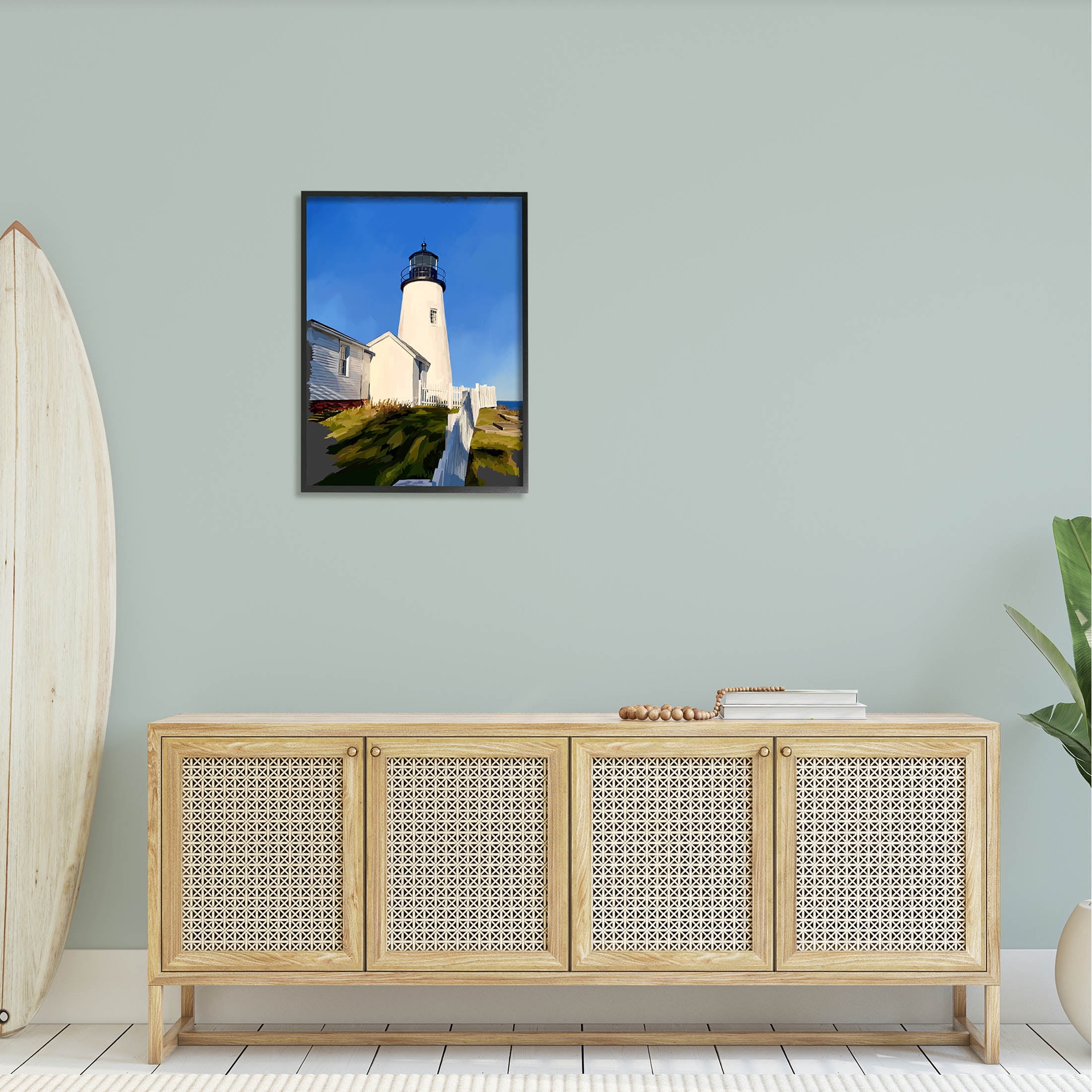 Stupell Industries Coastal Lighthouse Clear Blue Sky Graphic Art Black Framed Art Print Wall Art, Design by Emily Kalina