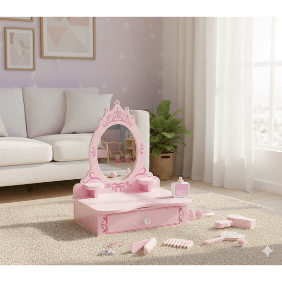Brinjoy Tabletop Princess Vanity Set with Crown Mirror - Wooden Beauty Salon Play Set with Drawer & Accessories for Little Girls Ages 3-8