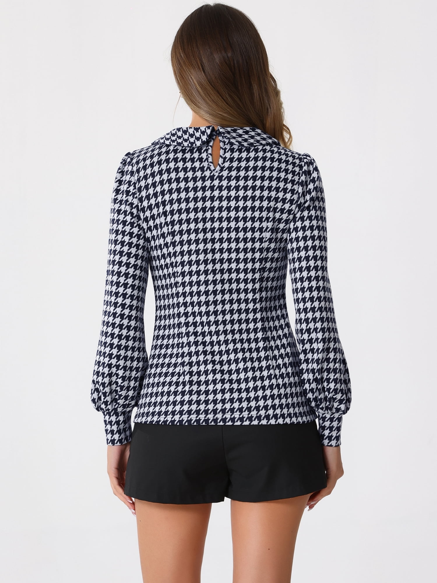 DARING DIVA Women's Peter Pan Collar Houndstooth Plaid Blouse S Navy Blue