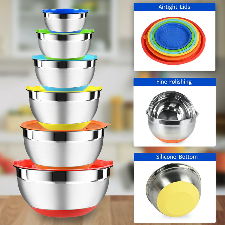 YuCook Mixing Bowls with Lids: 20 Pcs Stainless Steel Mixing Bowls Set with  Rubber Bottom, 7, 4, 3.5, 2.5, 2, 1.5QT Metal Mixing Bowls for Kitchen