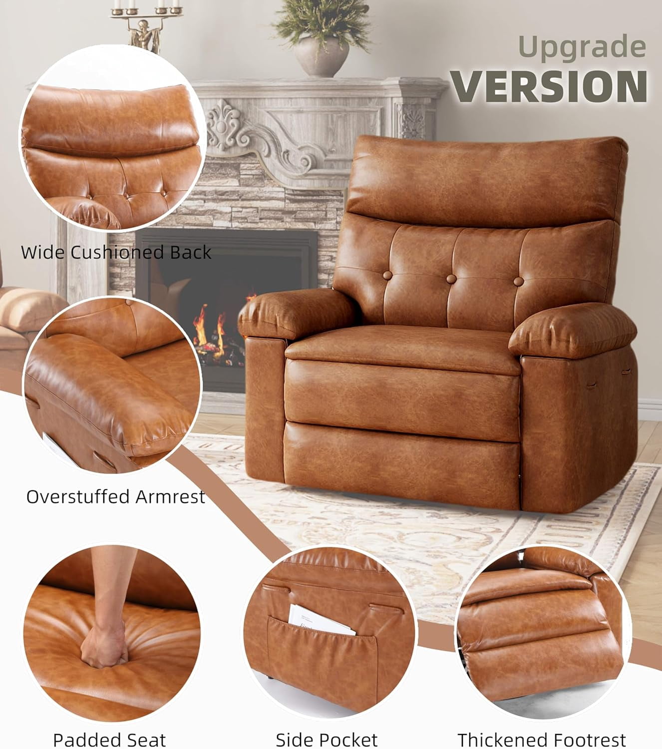 Oversized Wide Recliner Chair - Heat and Massage, PU Leather Extra Wide Manual Recliner for Adults, Large Lazy Chair with 1.5X Sponge Comfort Arm and Back for Living Room, Bedroom