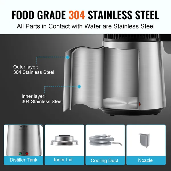 4L 1.05 Gallon 750W Stainless Steel Water Distiller Purifier Machine For Home Countertop