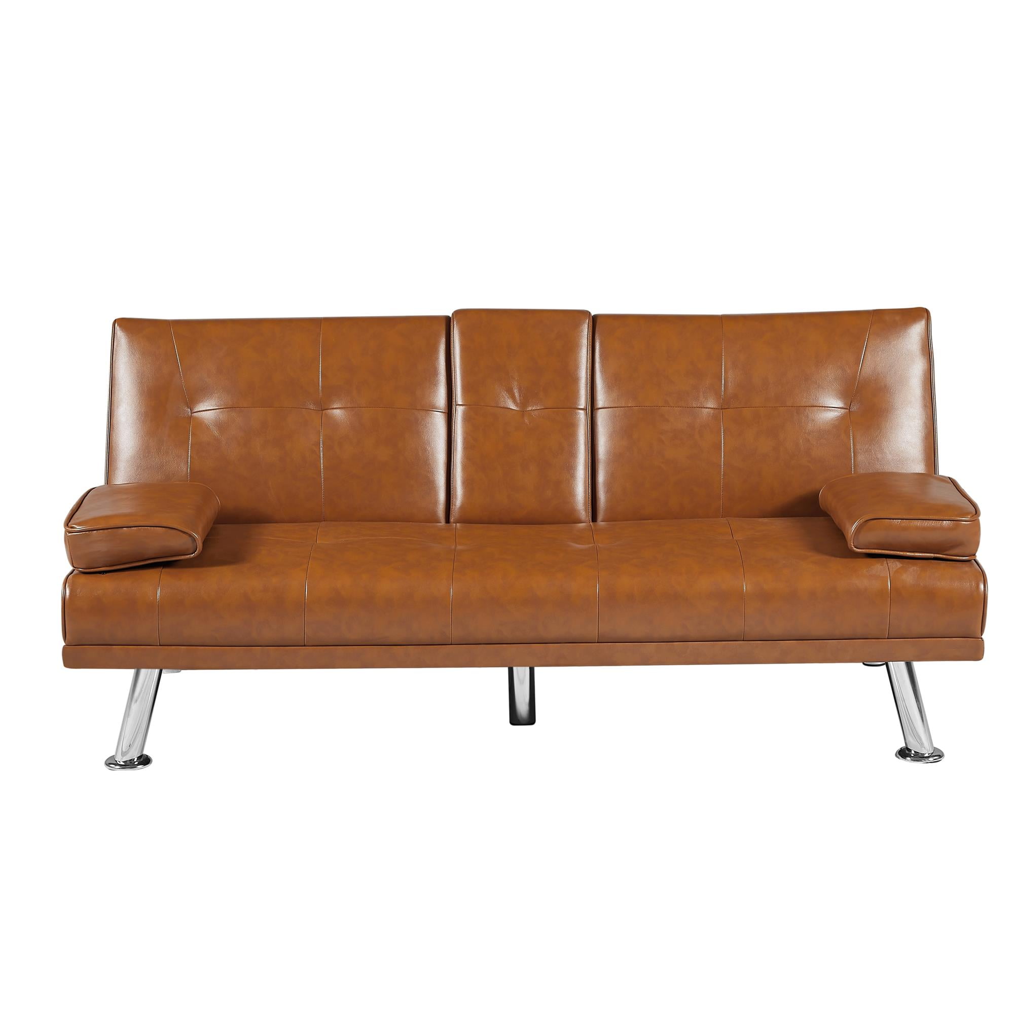 Kepooman 66" Futon Couch Bed, Sofa Bed with Cupholders and Pillows, Convertible Futon Folding Sofa for Office, Tan Kepooman 66" Futon Couch Bed, Sofa Bed with Cupholders and Pillows, Convertible Futon Folding Sofa for Office, Tan