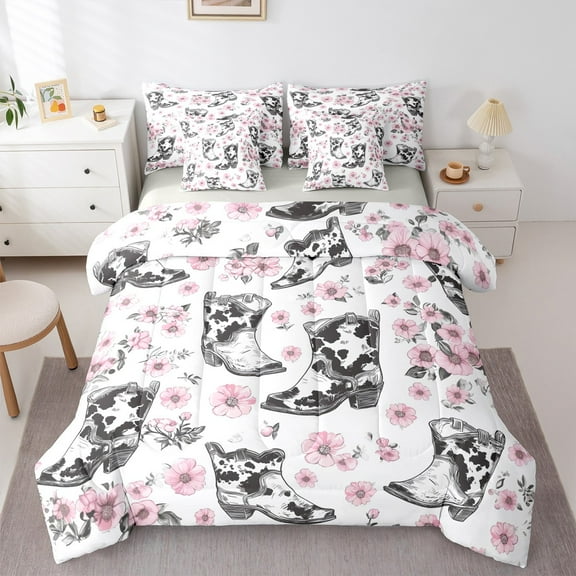 Manfei Western Cowgirls 7-Piece Twin Bedding Sets,Retro Cowboy Boots Bedding Comforter Set,Pink Cherry Blossom Sheet Sets For Girls Boys,Breathable Home Decor Reversible