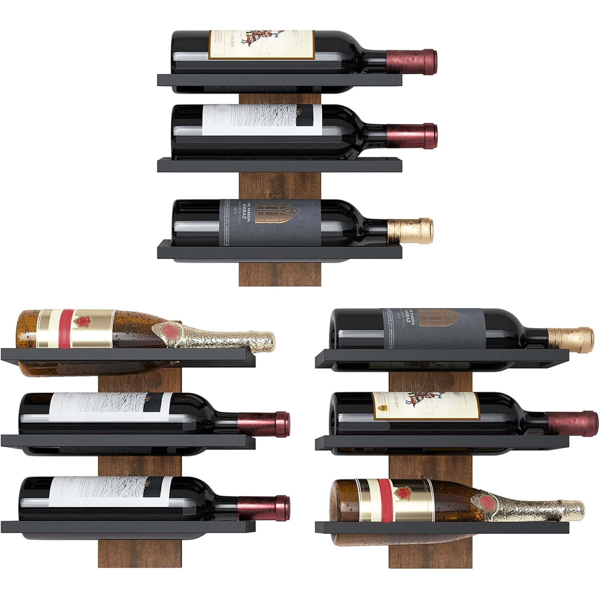 3 Tier Wall Mount Wine Rack Set (9 Bottles) Wall Mounted Wine Bottle Rack for Display and Storage Hanging Bottle Holder for Living Room Kitchen Bar Wine Cellar Rustic Brown
