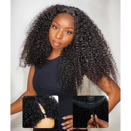 QVR V Part Wig Human Hair No Leave Out Glueless V Shape Full Clip In Half Wig with Drawstring Kinky Curly U Part Human Hair Wig for Black Women 20 Inch Black