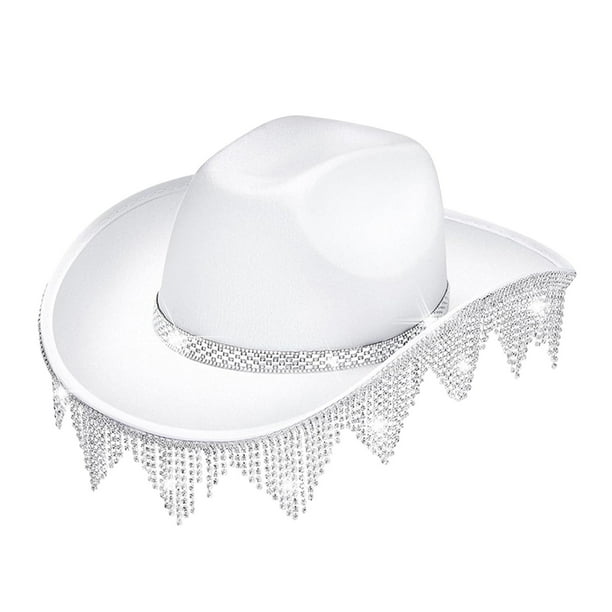 Sombrero de vaquero con borlas y diamantes de imitación occidentales, gorra de jazz, sombrero de ala ancha, sombrero de vaquera para Blanco
