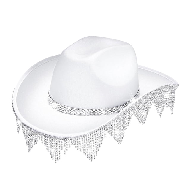 Sombrero de vaquero con borlas y diamantes de imitación occidentales para accesorios de vestuario al aire libre Blanco