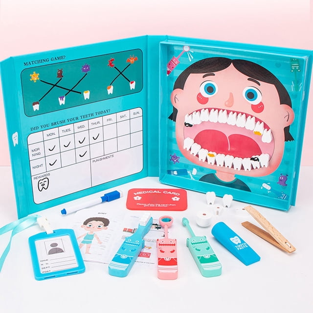 Juego de dentista de madera | Juguete de rol infantil de doctor con herramientas de extracción de dientes y tarjetas de rompecabezas | Juguete educativo para aprendizaje temprano