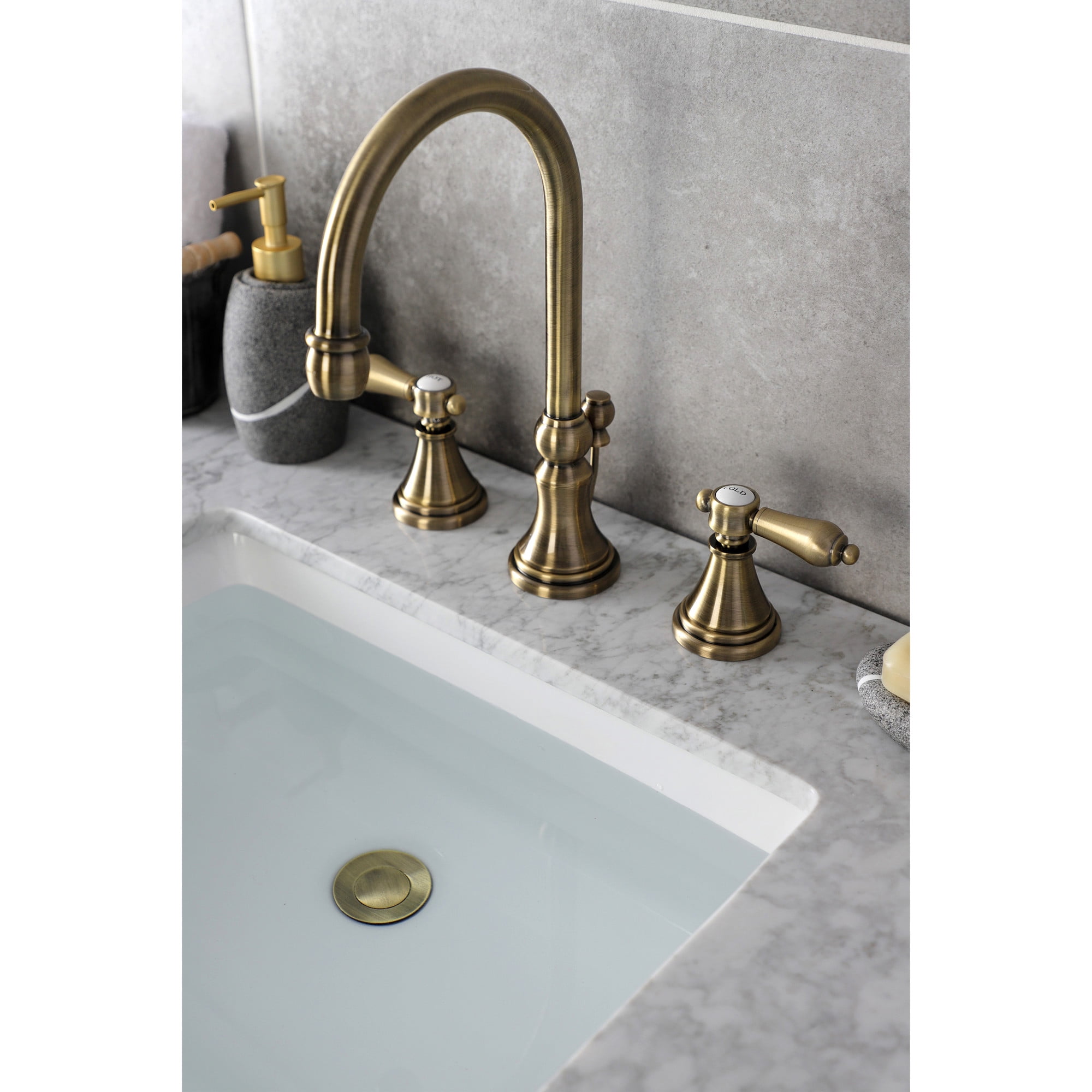 Kingston Brass KS2983BAL Heirloom Widespread Bathroom Faucet with Brass Pop-Up, Antique Brass