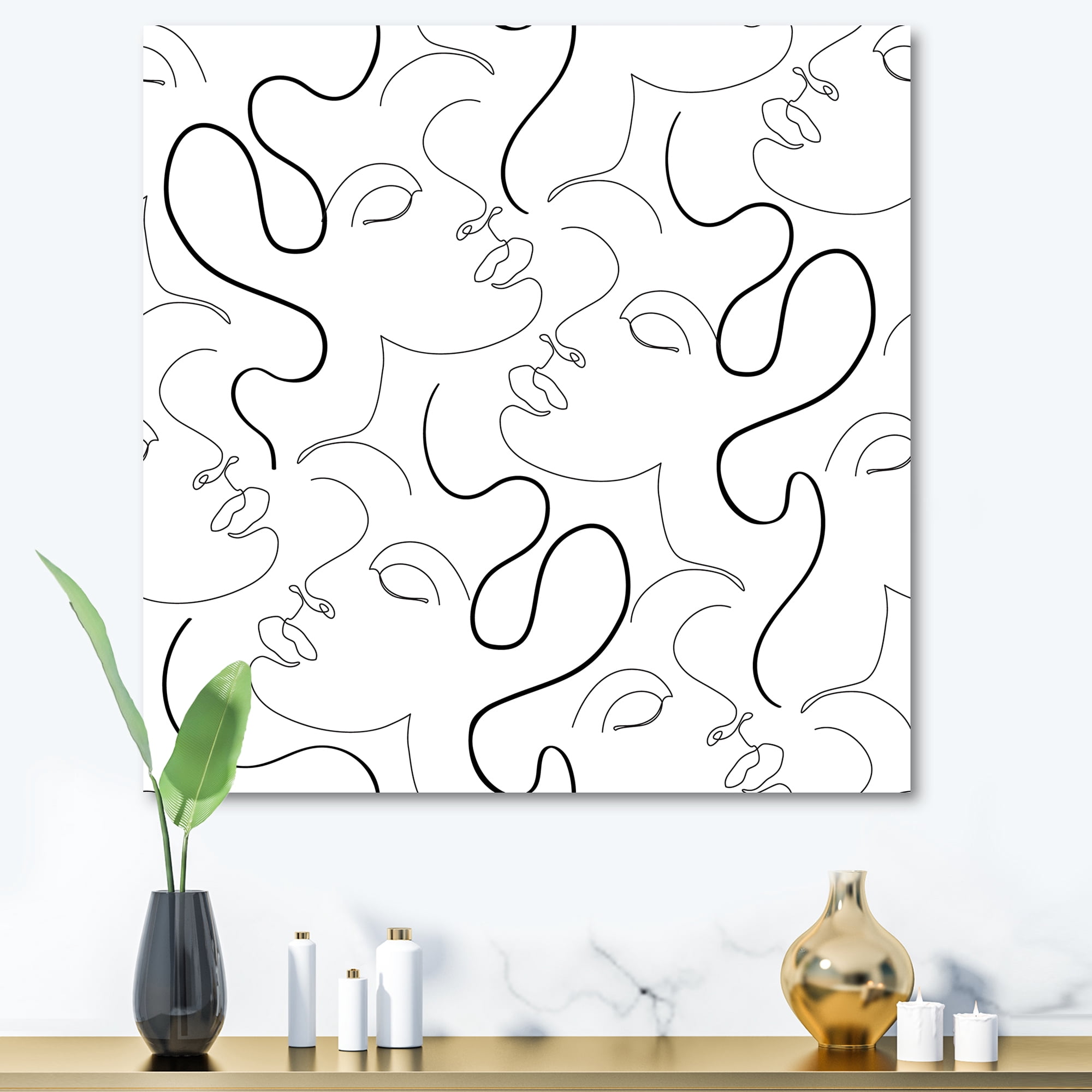 Designart ' Black and White One Line Drawing Portraits ' Modern Canvas Wall Art Print