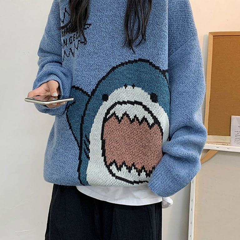 ROZYARD Women Men Cartoon Shark Print Sweater Round Neck Long Sleeve  Oversized Pullover Top Harajuku Hip Hop Loose Knit Jumper