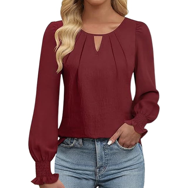 Women's Solid Color Fashion T - Shirt with Lock Hole and Pleated Design