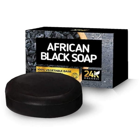 24K Organic African Black Soap Face and Body Bar infuses moisture and clears skins from bumps, spots, acne, and eczema.