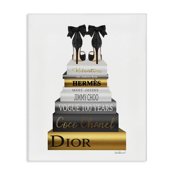 Stupell Industries Modern Fashion Designer Shoes Bookstack Black Gold Watercolor Canvas Art, 16 x 20, by Amanda Greenwood