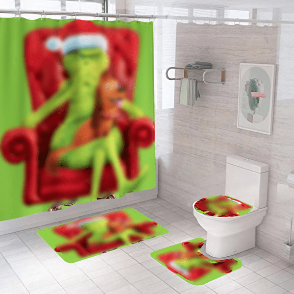 4 Pcs Christmas Shower Curtain Set, Christmas Bathroom Sets with Non-Slip Rug, Toilet Cover & Bath Mat, Green Holiday Shower Curtains for Bathroom Decor with Hook