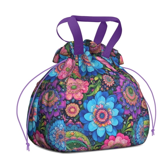 Colorful Floral Pattern Drawstring Lunch Bag Women - Drawstring Lunch Bag Insulated for Work Office - Stain-Resistant Large Lunchbags for Women with Multi-Pockets