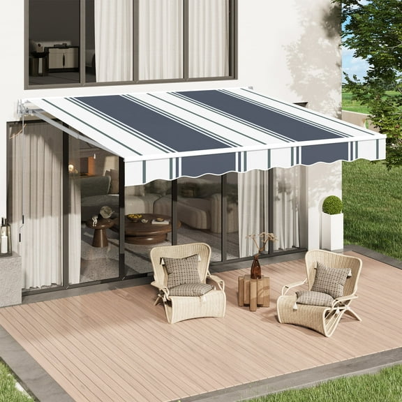 AECOJOY 13' x 10' Manual Retractable Patio Awning,Outdoor Awning Retractable Sunshade Shelter in Blue Stripes